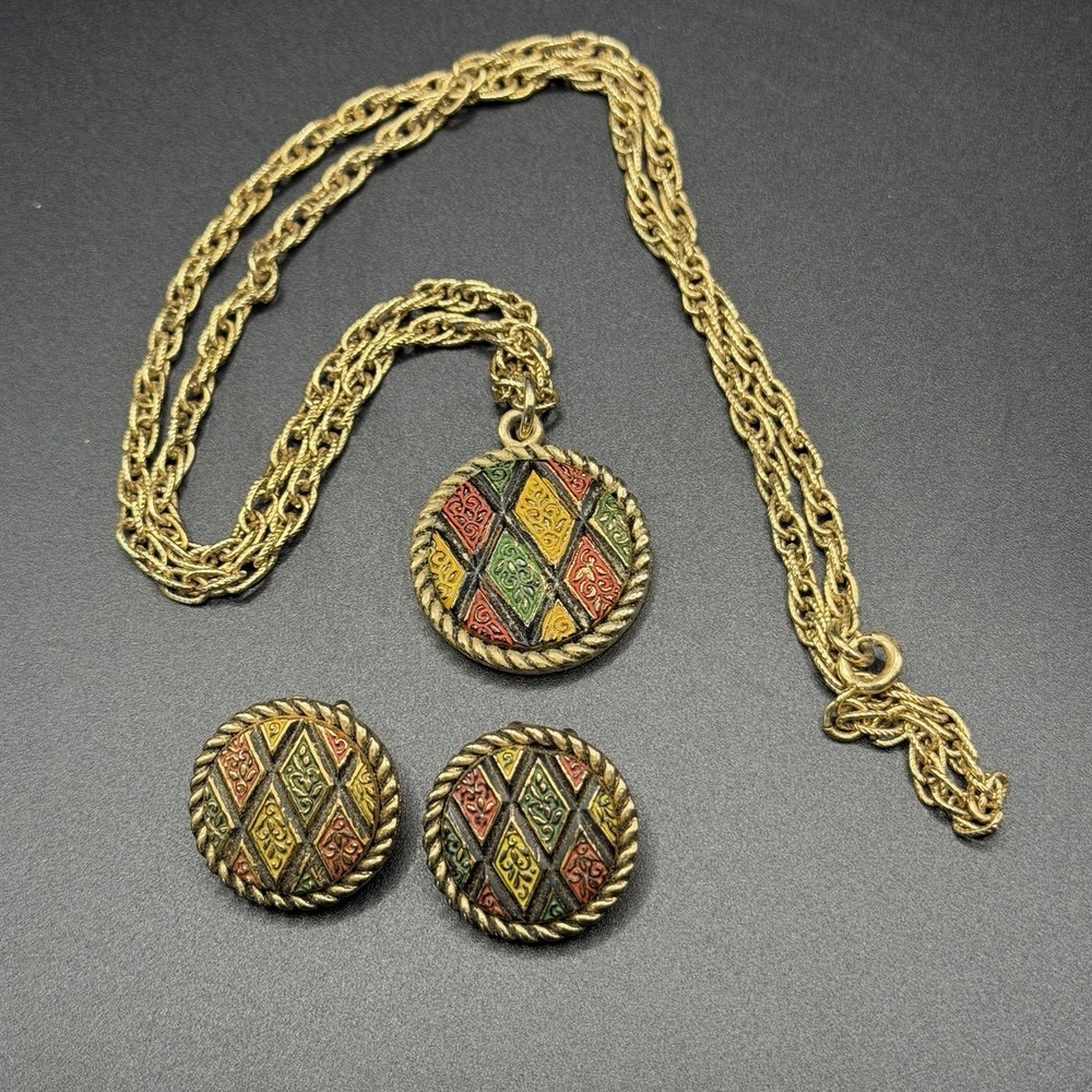 Vintage Sarah Coventry Mosaic Necklace and Matching Clip-on Earrings Set Signed